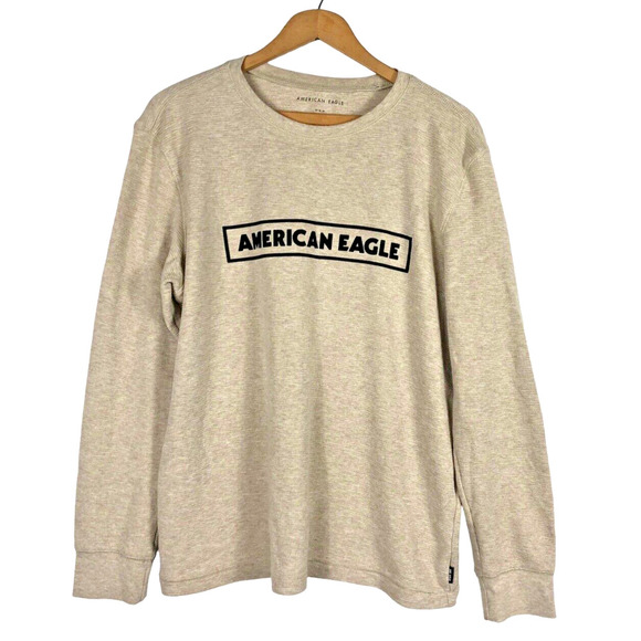 American Eagle Thermal Henley Shirt Medium Cream Beige Vtg Y2K Mens Spell Out - Picture 1 of 6